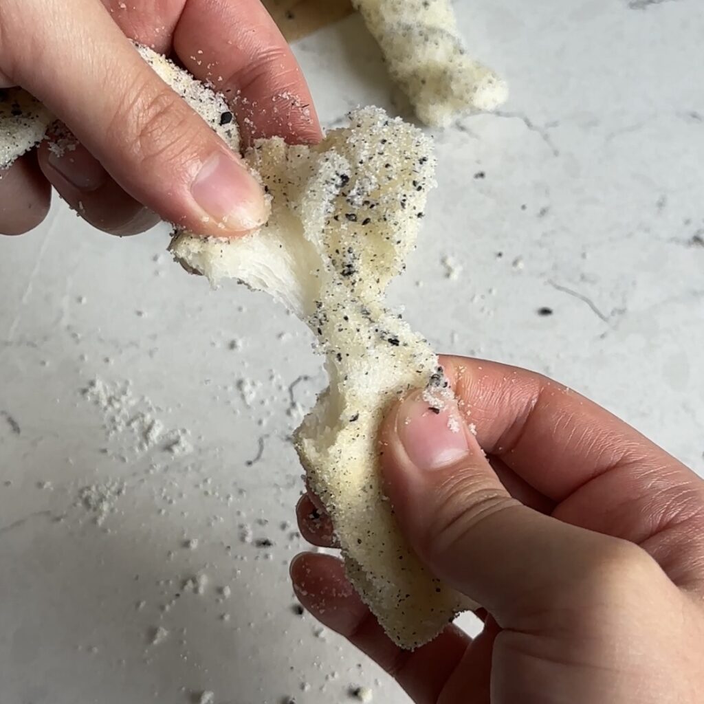 The inside of the taiwanese churro, showing the mochi pull!