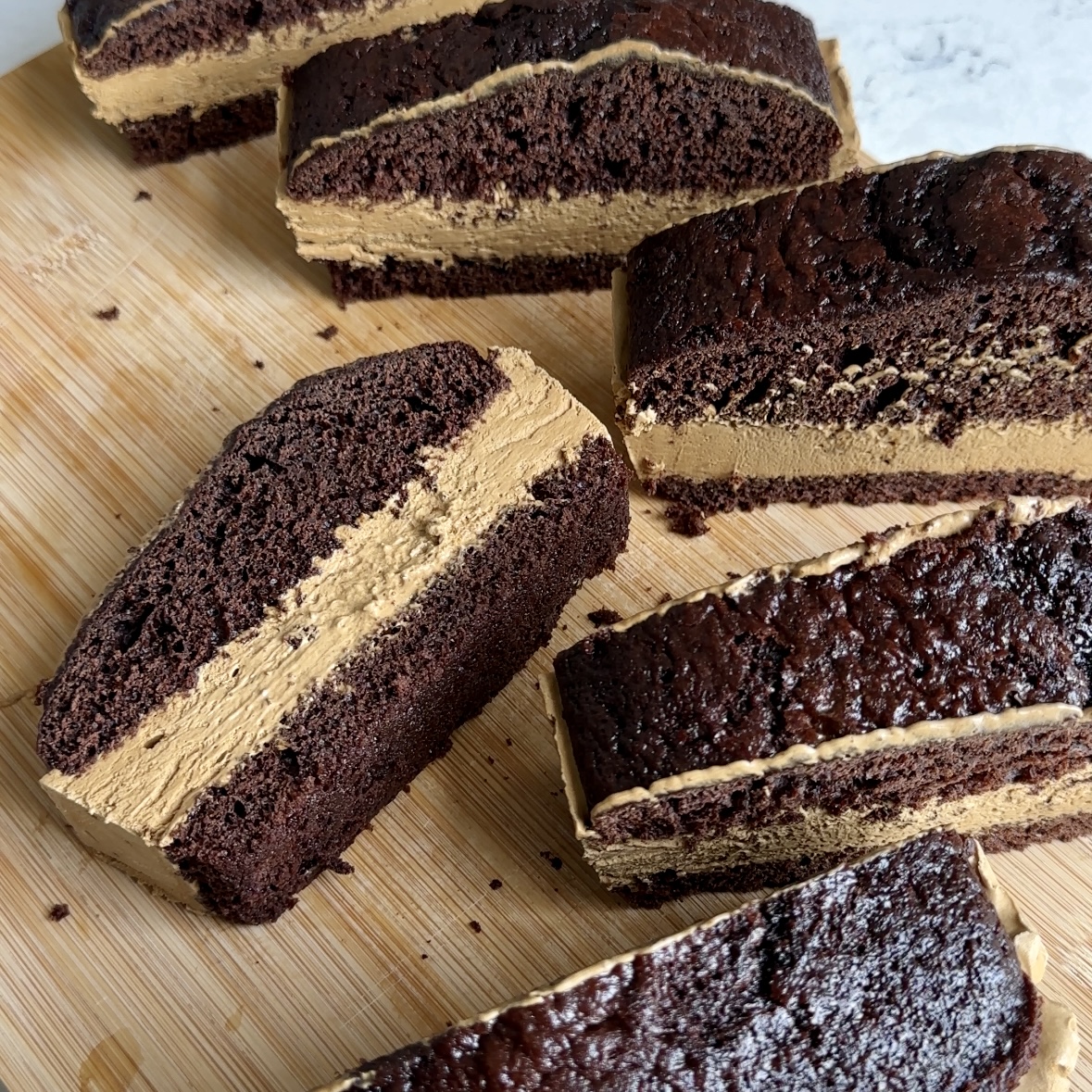 Chocolate Covered mocha ice cream cake bar cross section pre chocolate coating